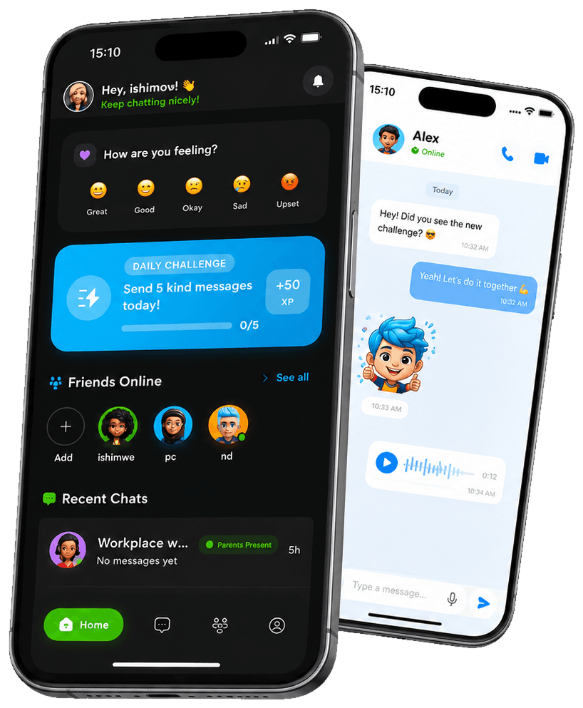 Two phones showing TaiChat: a kid's home screen with a daily challenge and friends online, and a chat with voice notes and stickers