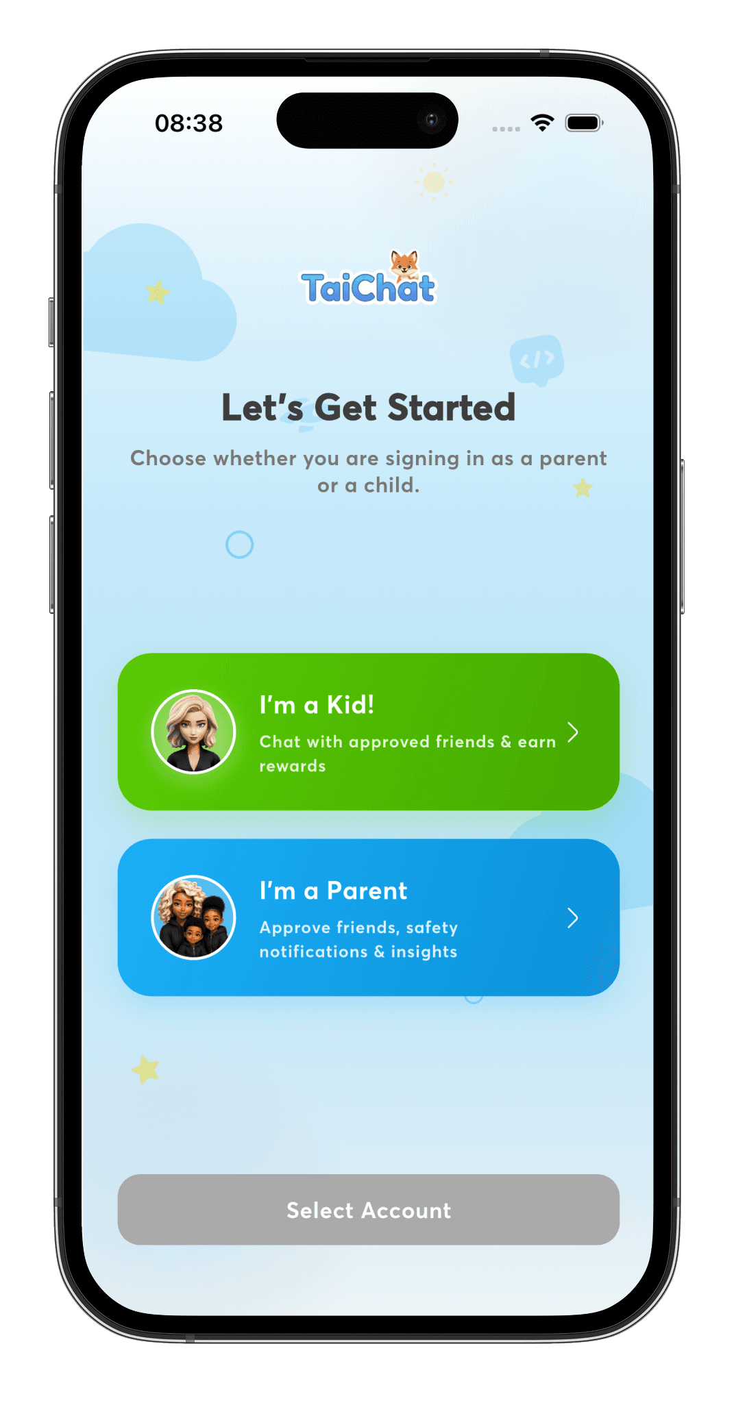 The TaiChat get started screen with I'm a Kid and I'm a Parent account options